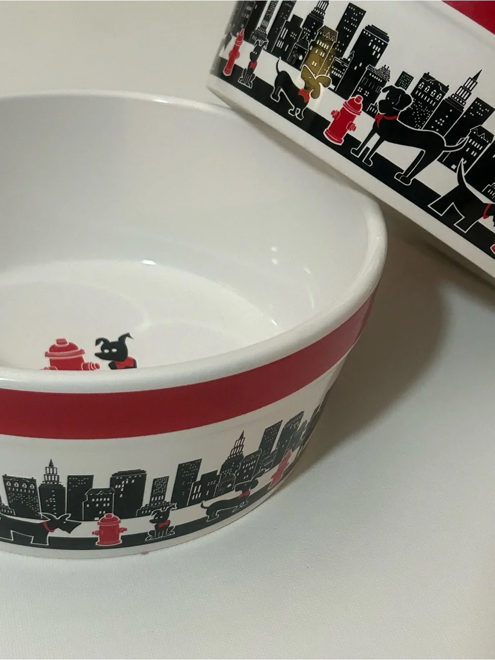 Dog Bowl Set of Two City Pets Red White Black Urban Loft Retro Ceramic Food Big